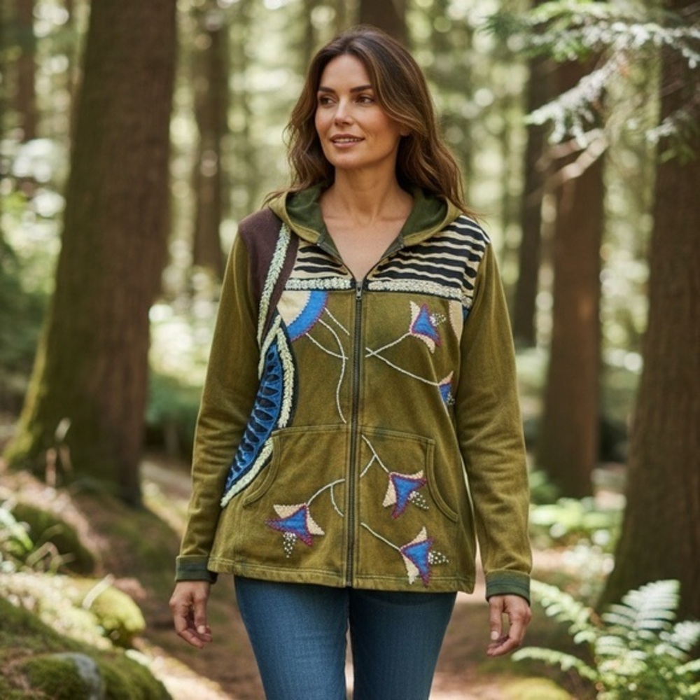 Rising International Flower  Embroidered Hippie Bohemian Jacket